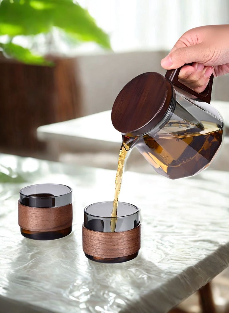 1Chase Glass Tea Set – 500ml Smoky Grey Teapot with Walnut Handle & Lid + 4pcs 130ml Cups, Heat-Resistant Tea Pot and Cup Set for Home & Office - Image 4