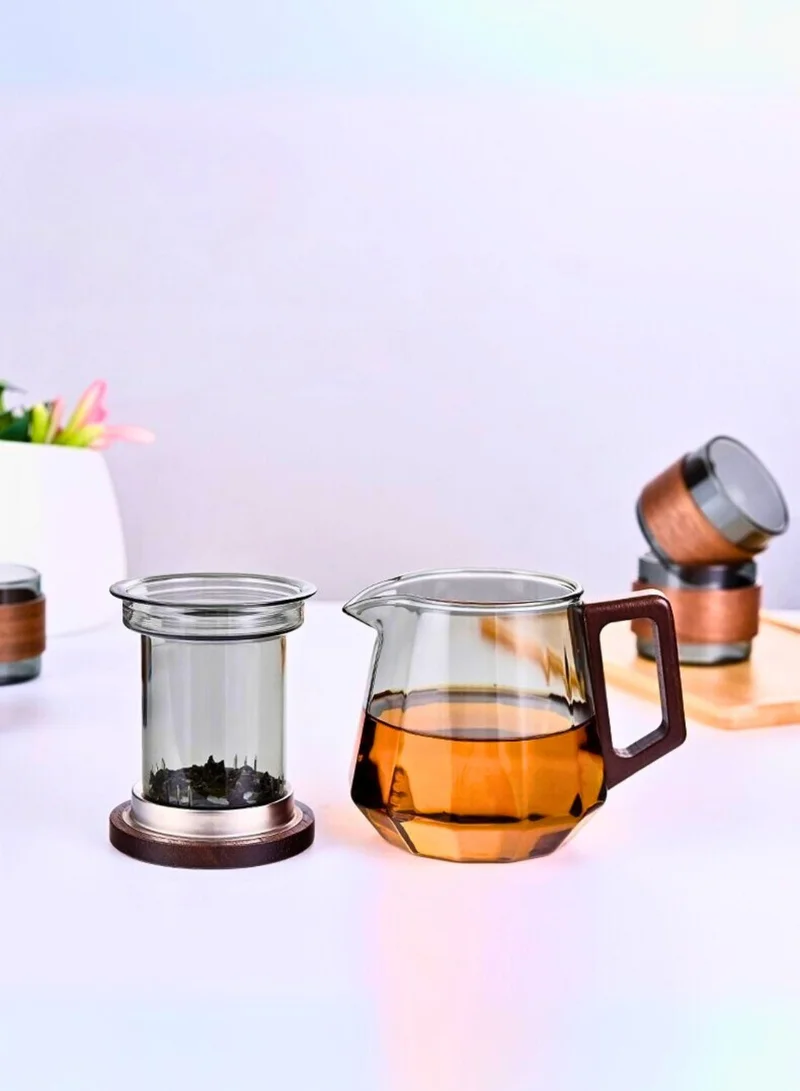 1Chase Glass Tea Set – 500ml Smoky Grey Teapot with Walnut Handle &amp; Lid + 4pcs 130ml Cups, Heat-Resistant Tea Pot and Cup Set for Home &amp; Office