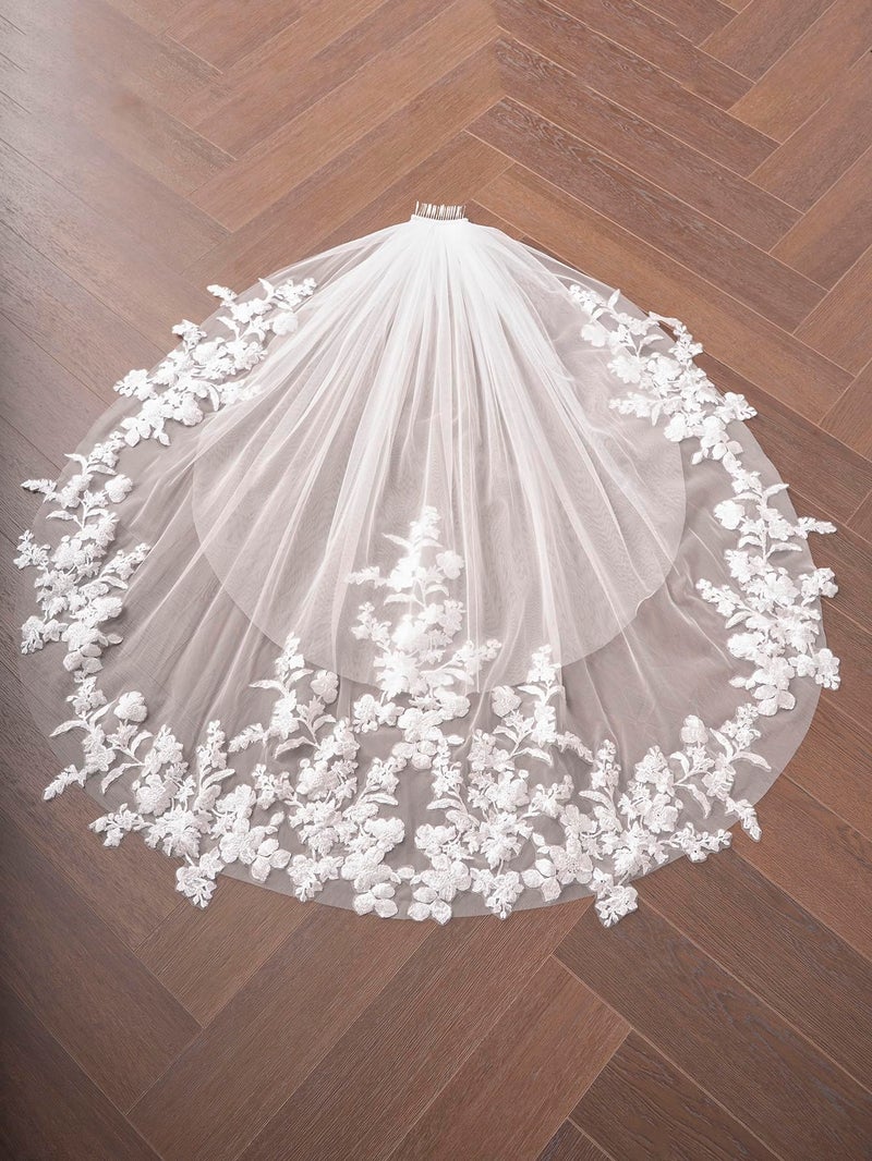 ELAWBTY Womens 2 Tier Fingertip Length Short Lace Wedding Bridal Veil With Comb X07 Ivory - Image 5