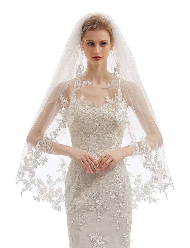 ELAWBTY Womens 2 Tier Fingertip Length Short Lace Wedding Bridal Veil With Comb X07 Ivory - Image 2