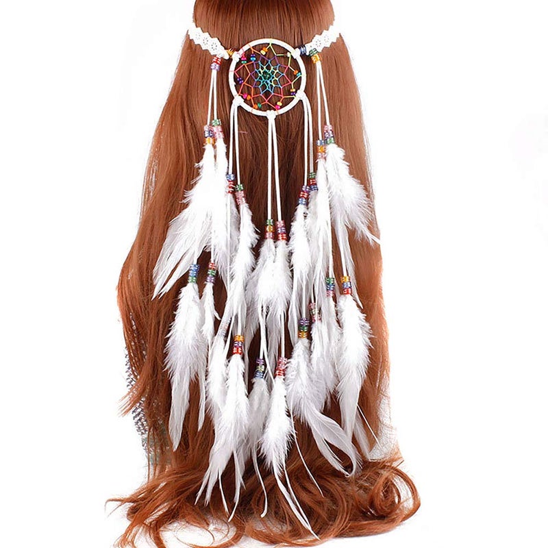 Fodattm Bohemian Handmade Dreamcatcher Feather Headband Headdress Fascinator Hippie Indian Style Feather Headpiece Hairband Headwear White