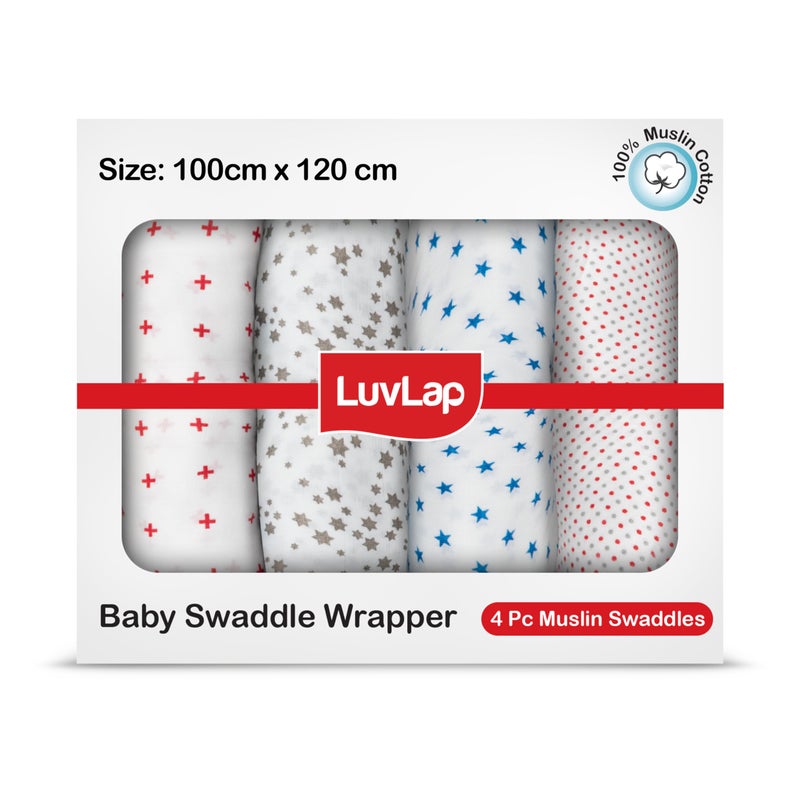 LuvLap 100% Cotton Muslin Baby Swaddle Set, Baby Towel, Size-120cm x 100cm (47"x39"), Dots & Stars Printed on White, 0-18 Month+, Printed Mulmul Muslin Swaddle Wrap for New Born, Pack of 4 - Image 1