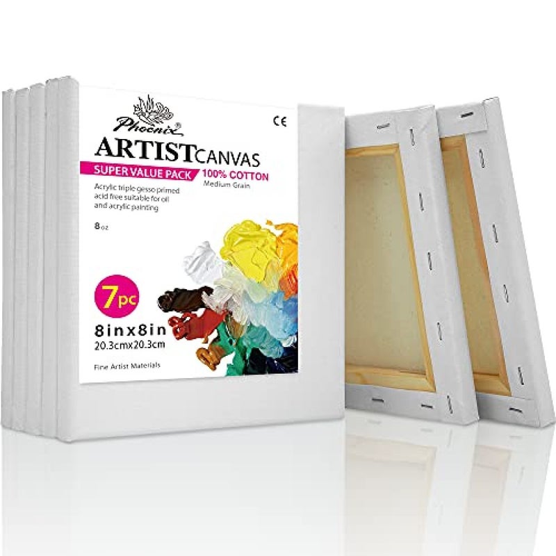 PHOENIX Stretched Canvas for Painting 8x8 Inch/7 Value Pack, 8 Oz Triple Primed 5/8 Inch Profile 100% Cotton White Blank Canvas, Square Framed Canvas for Oil Acrylic & Pouring Art - Image 1
