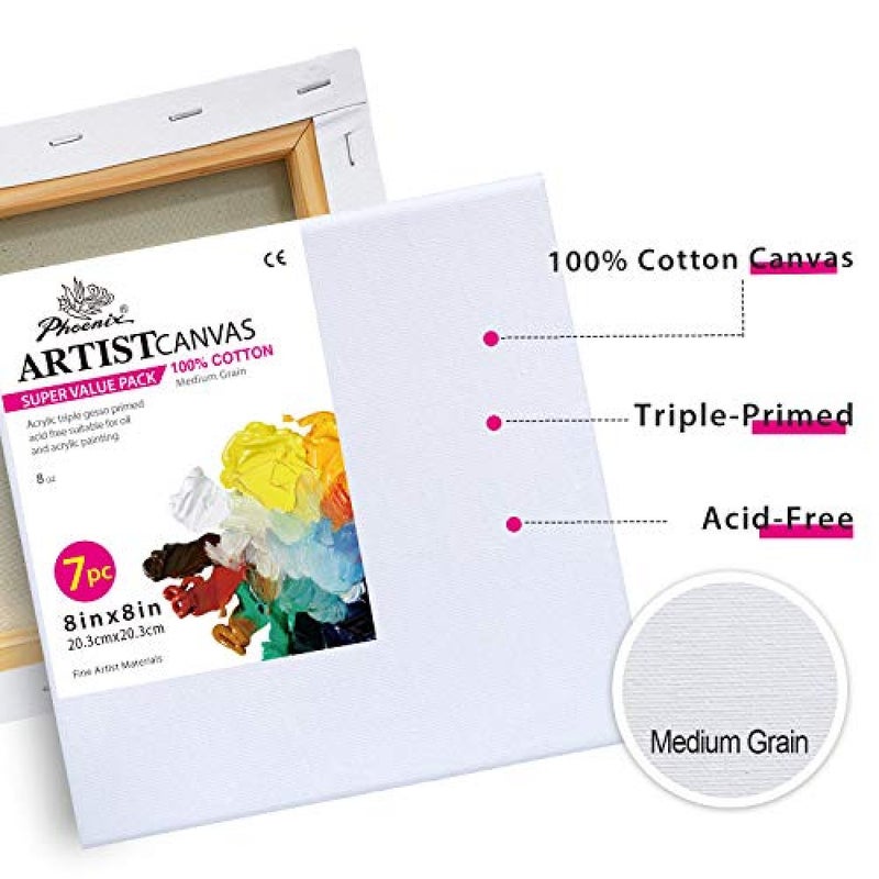 PHOENIX Stretched Canvas for Painting 8x8 Inch/7 Value Pack, 8 Oz Triple Primed 5/8 Inch Profile 100% Cotton White Blank Canvas, Square Framed Canvas for Oil Acrylic & Pouring Art - Image 3