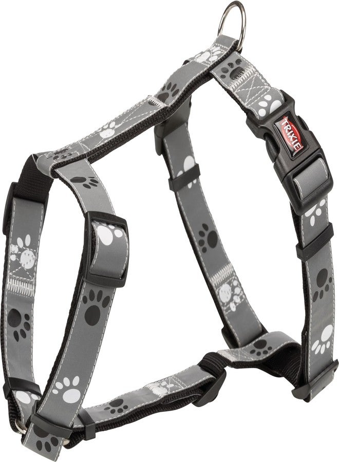 Trixie Reflective H-Harness for Dog, Adjustable Body Belt, Paw Motif Strap, No More Pulling, Silver Grey (XS-S)
