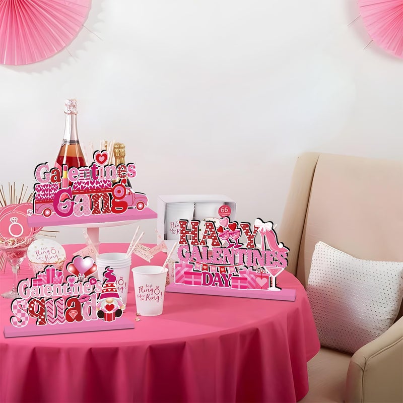 GINFTBRZGV 4Pcs Galentines Day Decorations Table Wooden Centerpiece Happy Galentines Day Table Decorations Pink Romantic Party Tiered Tray for Ladies Celebrating Party Table Decor - Image 2