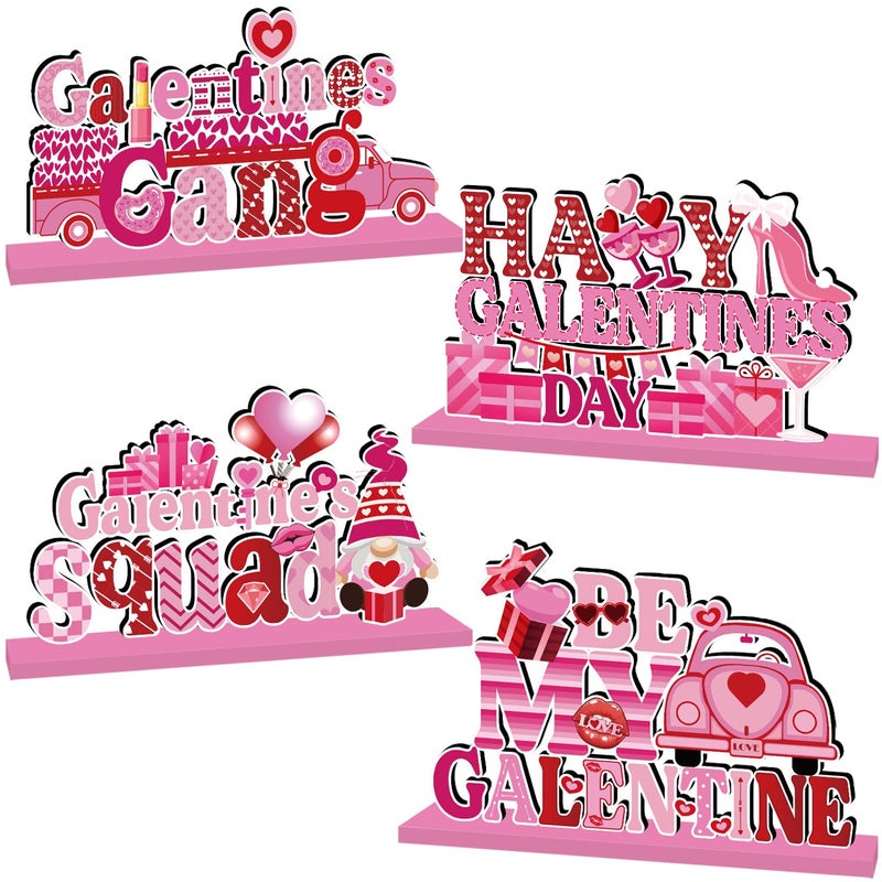 GINFTBRZGV 4Pcs Galentines Day Decorations Table Wooden Centerpiece Happy Galentines Day Table Decorations Pink Romantic Party Tiered Tray for Ladies Celebrating Party Table Decor - Image 1