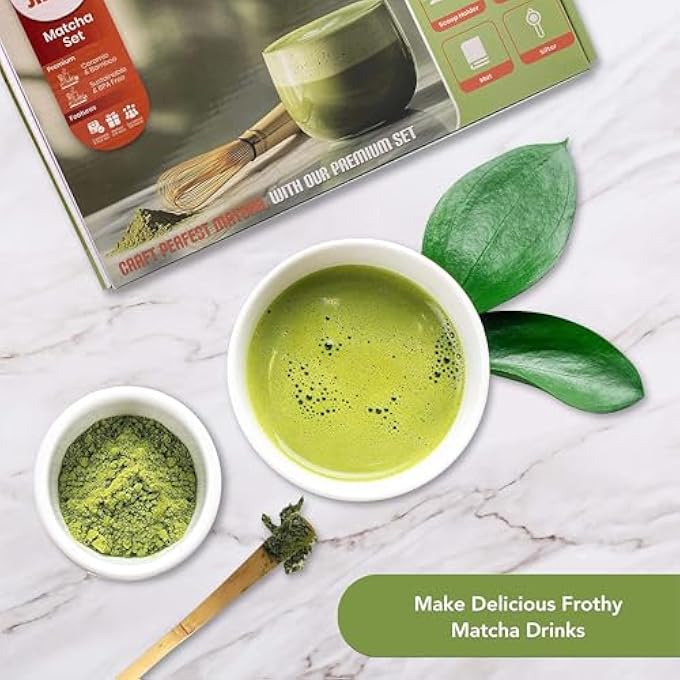 Jinou Matcha Set Made With Natural Bamboo And Premium Quality Ceramic  7 Pcs Set Includes Whisk Holder Scoop Scoop Rest Sifter  Tea Towel  17Oz Bowl Perfect For Matcha Lovers  Gifting - Image 4