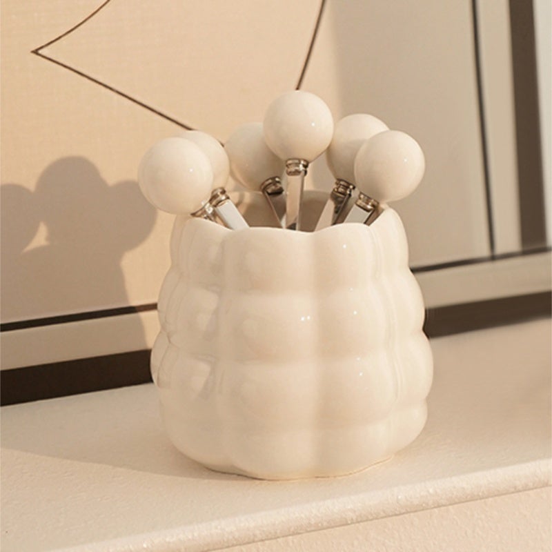 White Ceramic Fruit Fork Set - Pearl Embellished Compact Delicate Texture for Afternoon Tea Desserts