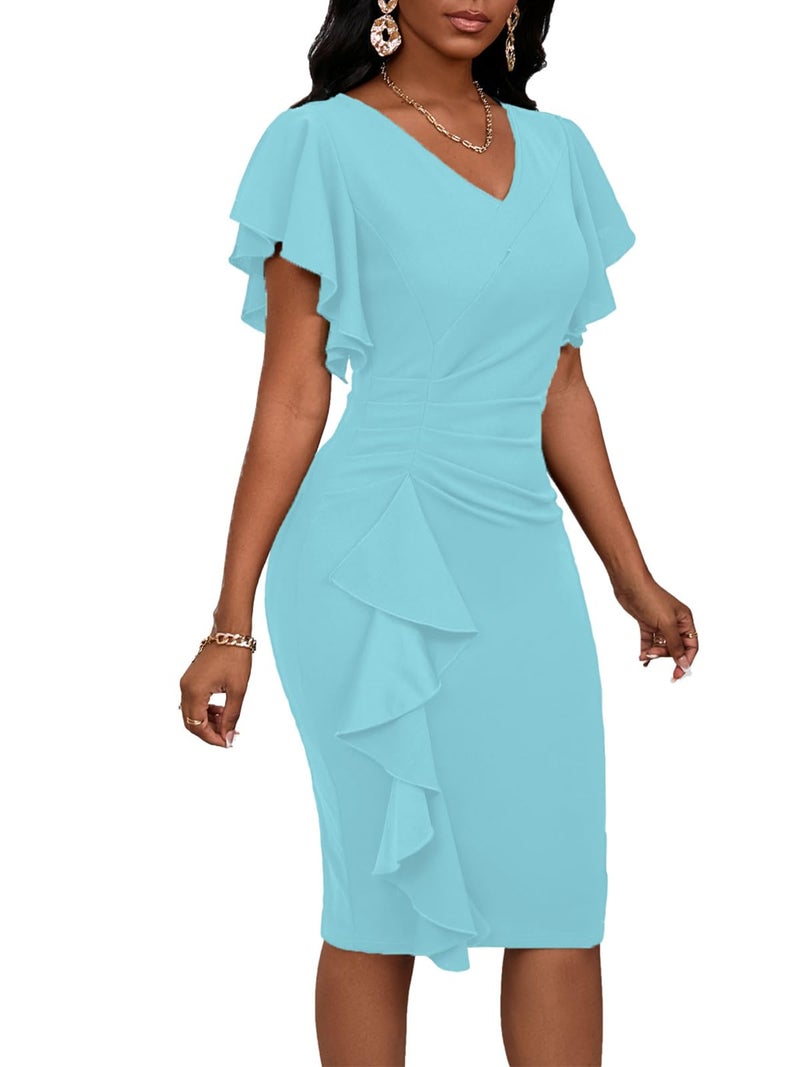 Bdwinz Womens Summer Short Ruffle Sleeve Ruched V Neck Church Wedding Guest Party Pencil Midi Sheath Dress, LightGreen - Image 4