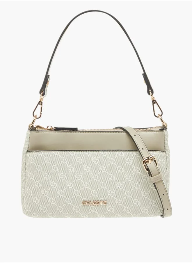 سيليست Womens Monogram Print Shoulder Bag With Detachable Strap And Zip Closure