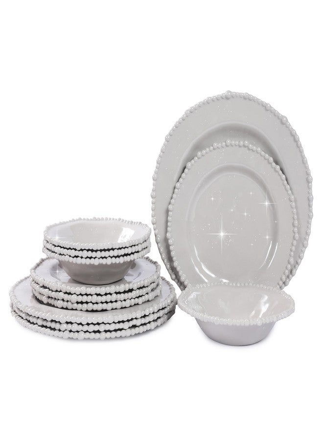 Lechoo Grey Pearl Melamine Dinnerware Set, 12-Piece Plastic Dinner Dishes Set, Service for 4 Unbreakable Kitchen Plates and Bowls Set - Image 1