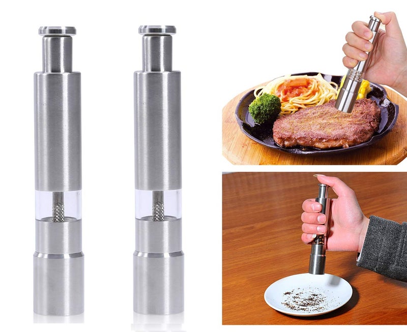 Keweis Salt and Pepper Grinder Set of 2,Stainless Steel Push Button Grinder Modern Design Thumb Grinder, for Black Pepper, Sea Salt and Himalayan Salt, Spice and Salt - Image 2