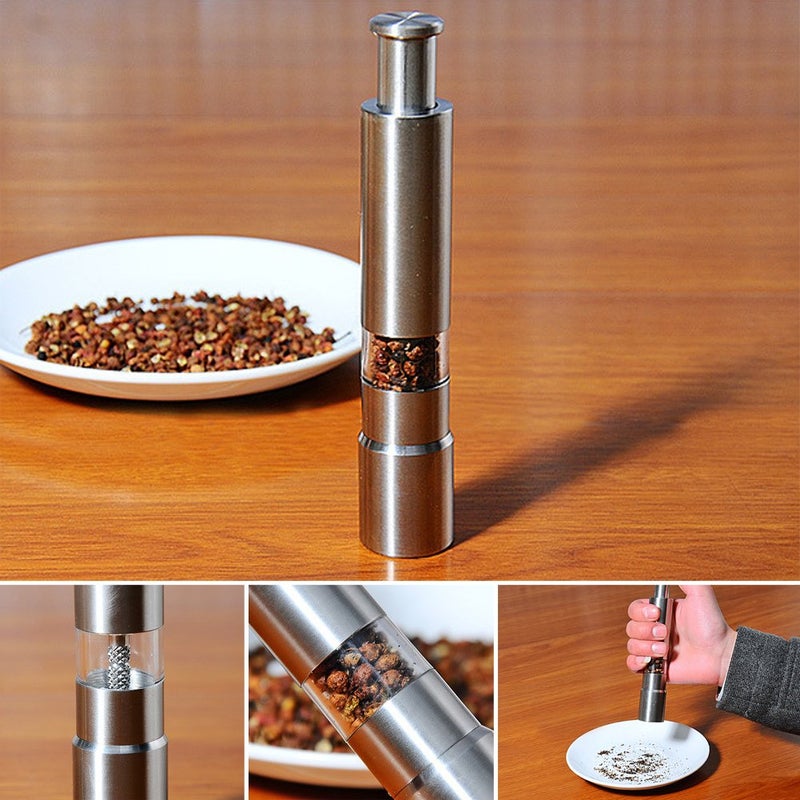 Keweis Salt and Pepper Grinder Set of 2,Stainless Steel Push Button Grinder Modern Design Thumb Grinder, for Black Pepper, Sea Salt and Himalayan Salt, Spice and Salt - Image 3
