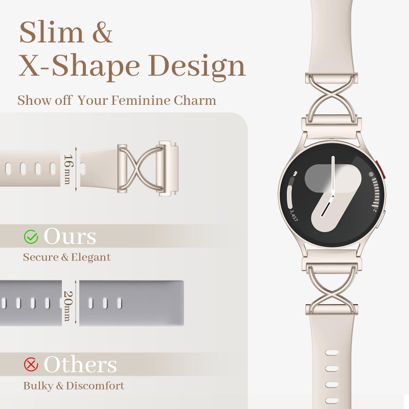Getino Slim Silicone Bands Compatible with Samsung Galaxy Watch 7 Band 6 5 4 FE 40mm 44mm/Galaxy Active 2, 20mm Watch Band Thin Skinny Charms X-Shaped Soft Sport Strap for Samsung Watch Bands Women - Image 2
