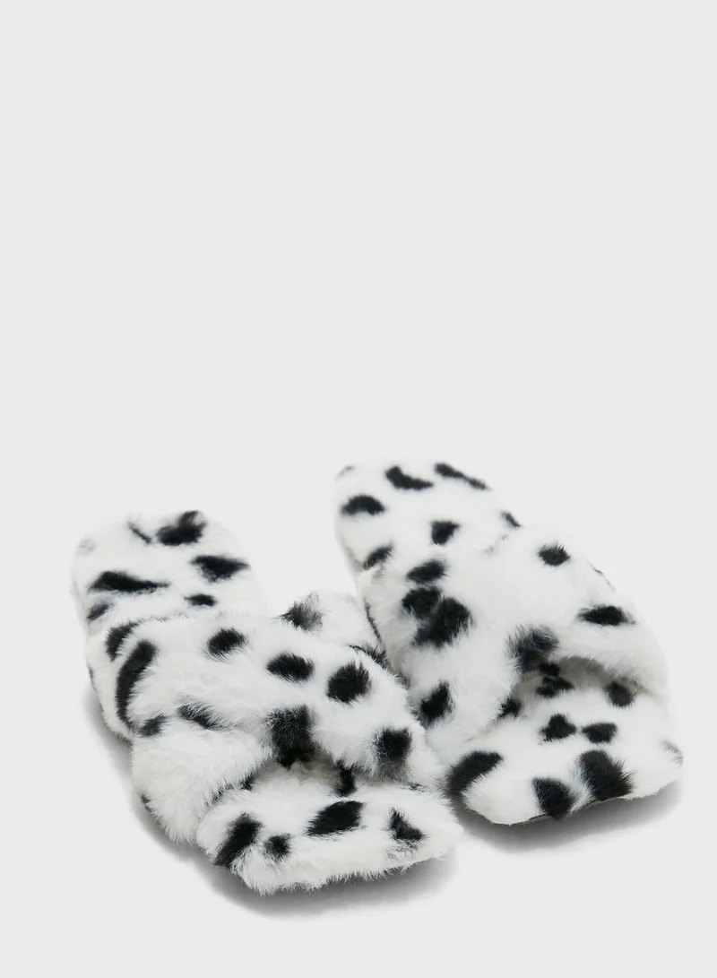 Ginger Fluffy Cross Over Dalmatian Print Bedroom Slipper