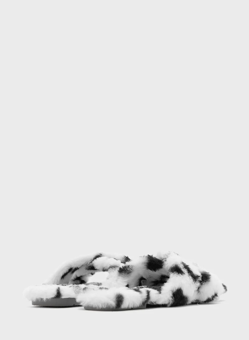 Ginger Fluffy Cross Over Dalmatian Print Bedroom Slipper
