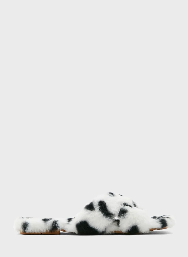 Ginger Fluffy Cross Over Dalmatian Print Bedroom Slipper