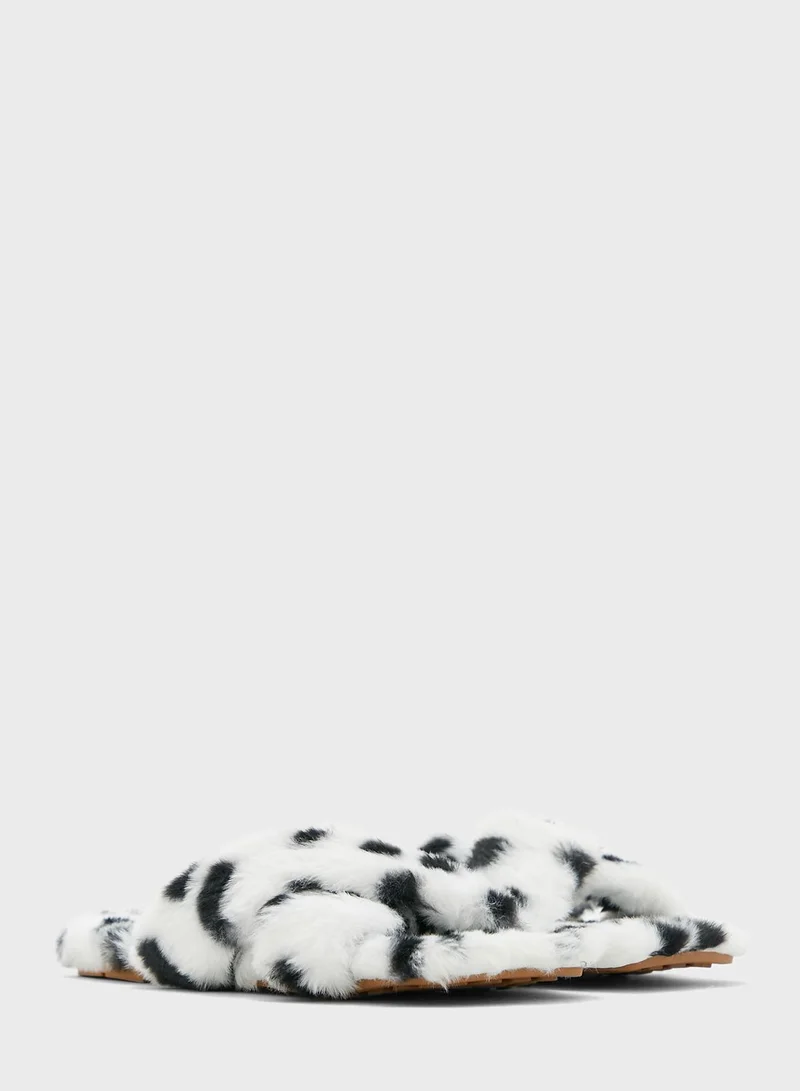 Ginger Fluffy Cross Over Dalmatian Print Bedroom Slipper