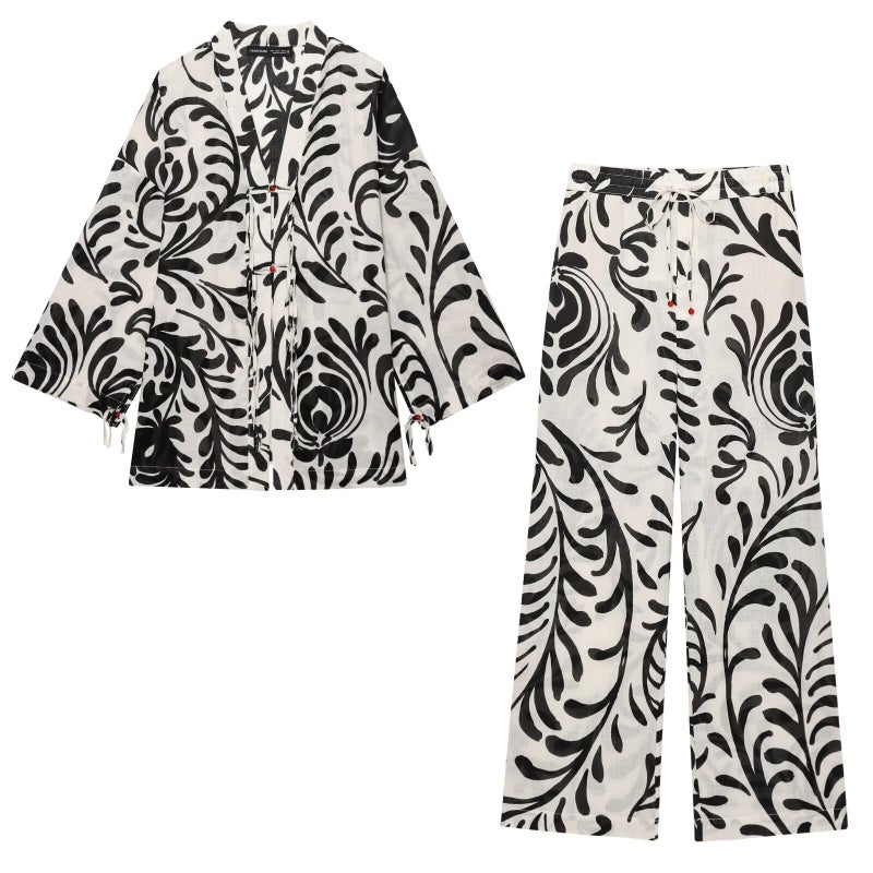 Zr Women'S Style 2025 Retro Style Loose Printed Kimono Style Outerwear + Printed Pants - Image 2