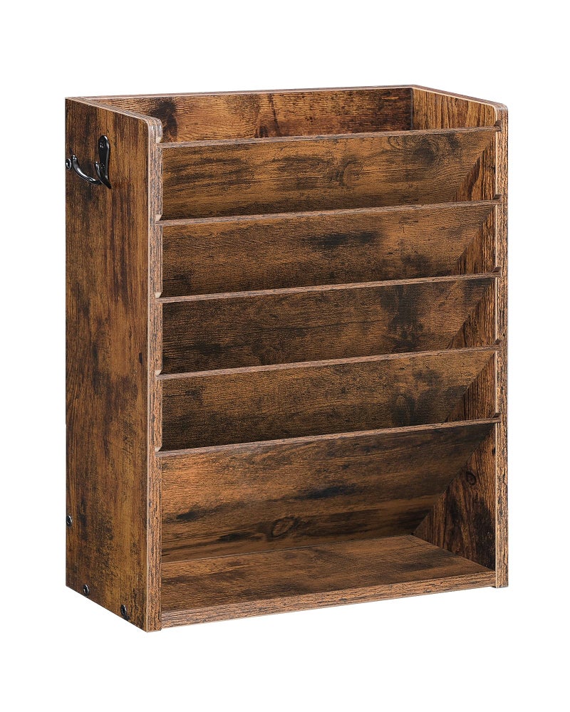 CHOEZON Wall File Organizer, 6-Tier Vertical Mount Hanging Holder with 2 Side Hooks, Vintage Wooden Magazine Storage Crate with Bottom Flat Tray, Desk Organizer, for Office, Home, Rustic Brown MWJ01FG - Image 1