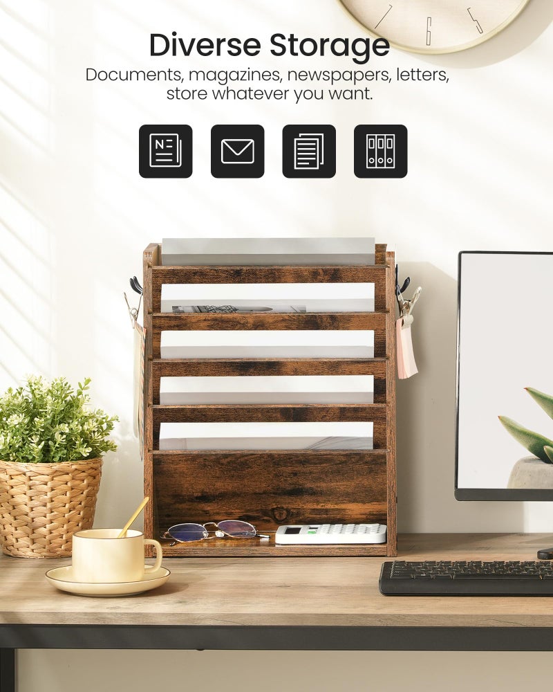 CHOEZON Wall File Organizer, 6-Tier Vertical Mount Hanging Holder with 2 Side Hooks, Vintage Wooden Magazine Storage Crate with Bottom Flat Tray, Desk Organizer, for Office, Home, Rustic Brown MWJ01FG - Image 3