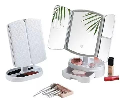 RELEMTRA LED Bedroom Desktop TriFolding Cosmetic Mirror with Lights Foldable Premium Ins Style Desktop Dressing Mirror Storable Cosmetic Mirror with Magnification