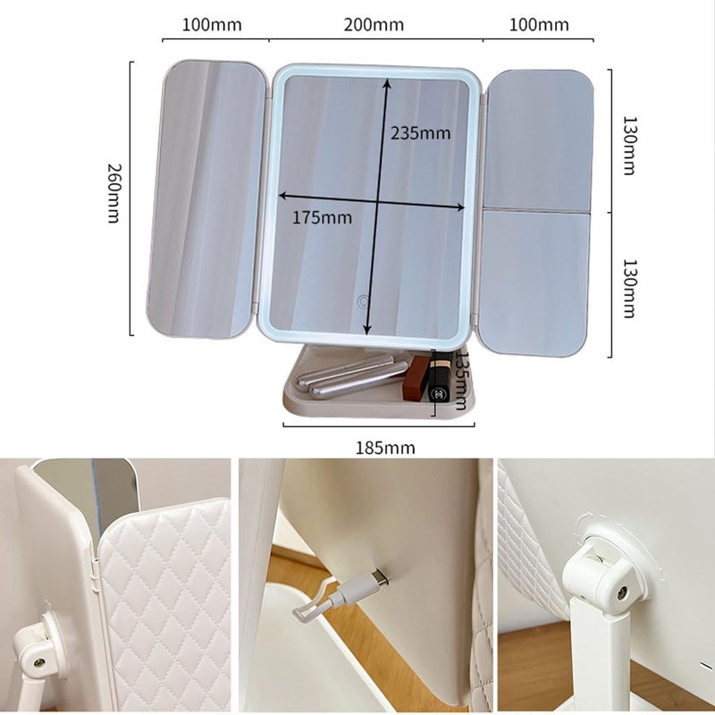 RELEMTRA LED Bedroom Desktop TriFolding Cosmetic Mirror with Lights Foldable Premium Ins Style Desktop Dressing Mirror Storable Cosmetic Mirror with Magnification