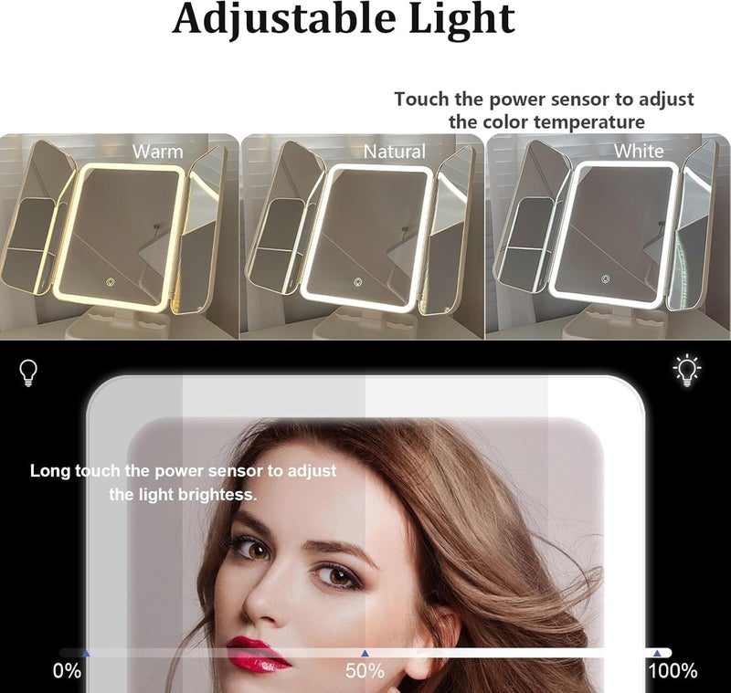 RELEMTRA LED Bedroom Desktop TriFolding Cosmetic Mirror with Lights Foldable Premium Ins Style Desktop Dressing Mirror Storable Cosmetic Mirror with Magnification