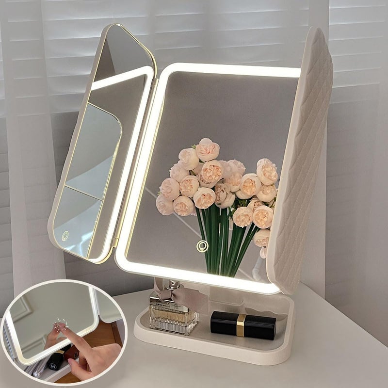 RELEMTRA LED Bedroom Desktop TriFolding Cosmetic Mirror with Lights Foldable Premium Ins Style Desktop Dressing Mirror Storable Cosmetic Mirror with Magnification