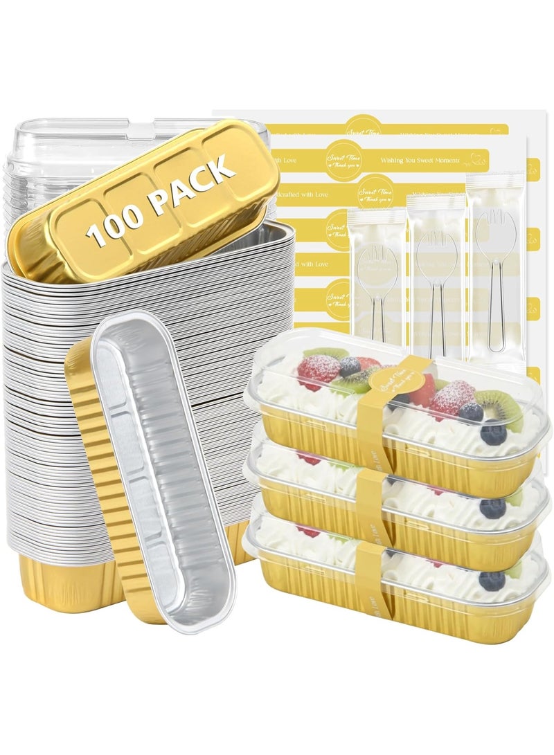 general 100 Pack Mini Loaf Pans with Lids and Spoons Disposable Aluminum Tin Foil Pans Rectangle Mini Loaf Cake Pan for Baking,Party,Picnics,Gifts (Gold) - Image 1