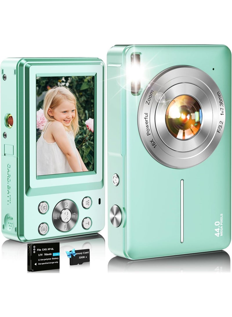 Digital Camera, FHD 1080P Kids Camera, 44MP Point and Shoot Digital Cameras with 32GB Memory Card and Two Batteries, 16X Zoom , Lanyard, Compact Size Camera, Gift for Boys/Girls (Green) - Image 1