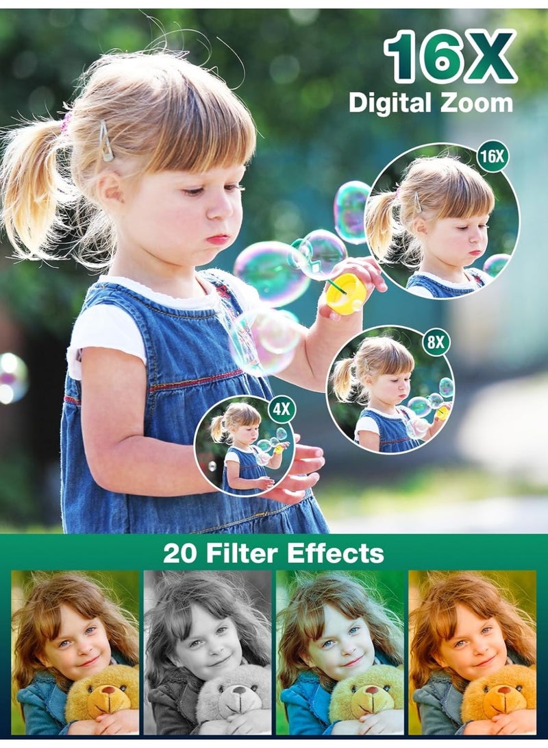 Digital Camera, FHD 1080P Kids Camera, 44MP Point and Shoot Digital Cameras with 32GB Memory Card and Two Batteries, 16X Zoom , Lanyard, Compact Size Camera, Gift for Boys/Girls (Green) - Image 5