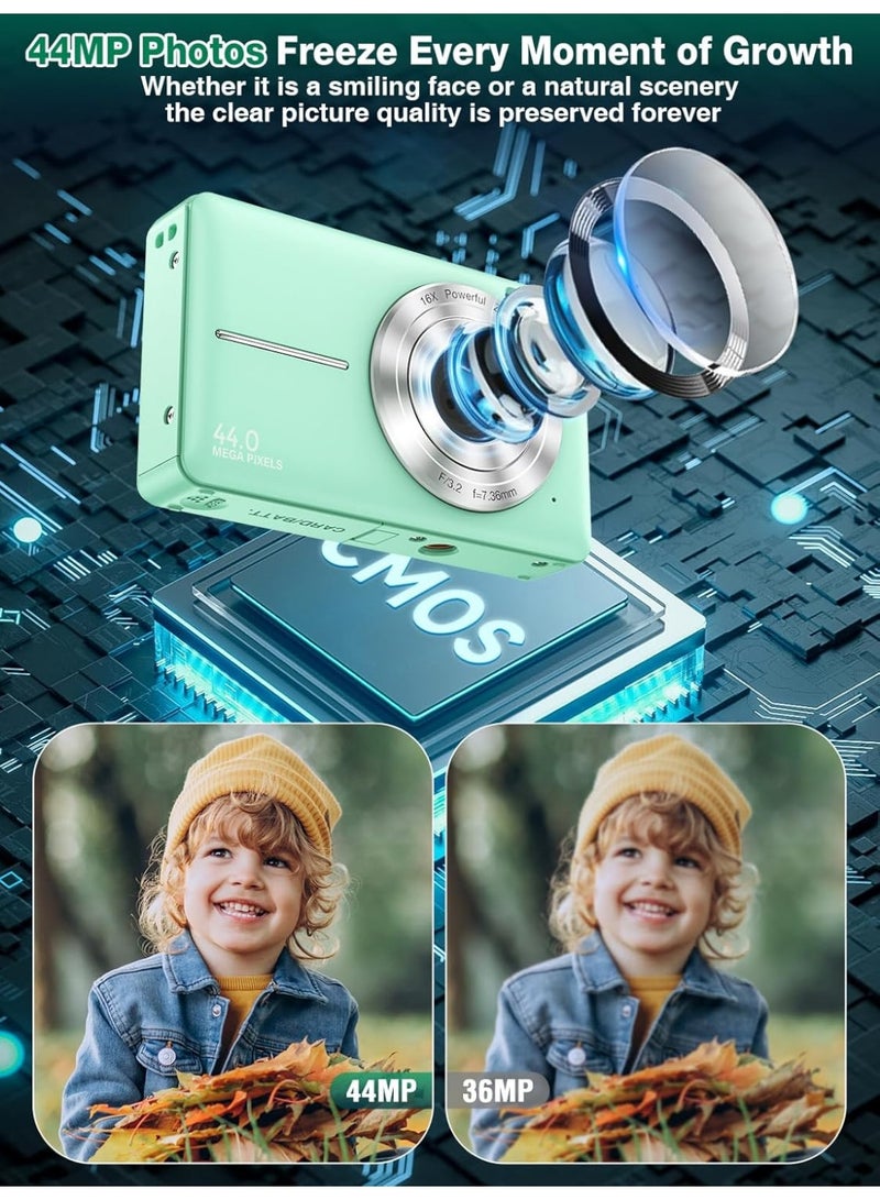 Digital Camera, FHD 1080P Kids Camera, 44MP Point and Shoot Digital Cameras with 32GB Memory Card and Two Batteries, 16X Zoom , Lanyard, Compact Size Camera, Gift for Boys/Girls (Green) - Image 4