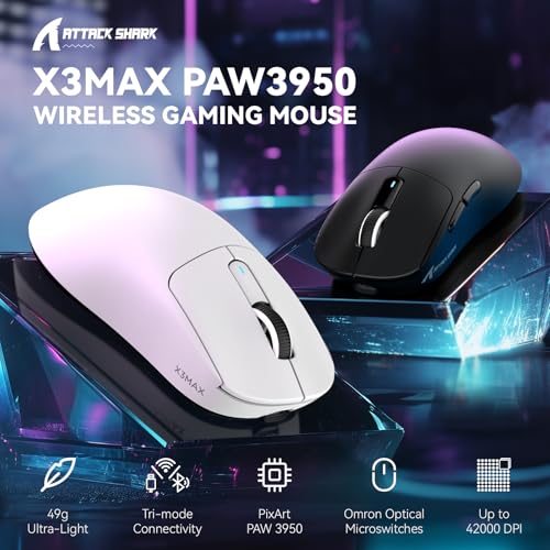 MAMBASNAKE Attack SHAKR X3MAX Wireless Gaming Mouse,PixArt PAW3950 42000 DPI,49g Ultralight Tri-Mode(BT5.4/2.4GHz/Wired), 1K Polling Rate Programmable Computer Mice for PC/MAC/Win - White - Image 2