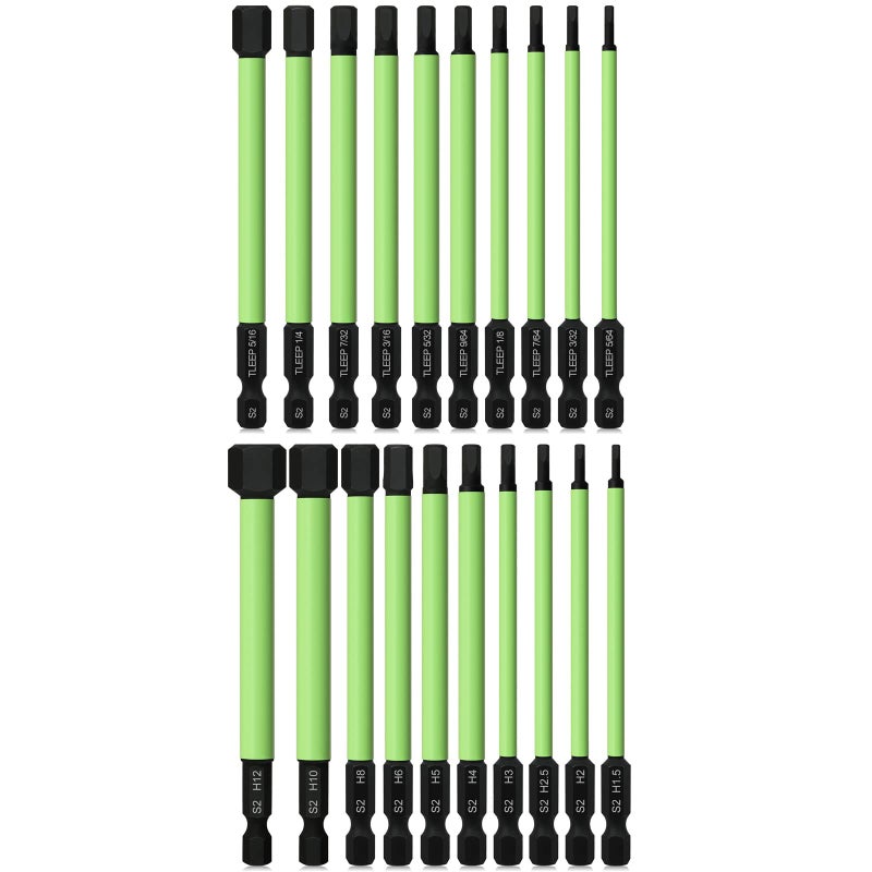 TLEEP 20 x 1/4" 100MM Long Allen Wrench Drill Bits, SAE & Metric, Hex Head Allen Bit Set S2 Steel Magnetic Tips Hex Screwdriver Set for Ikea Type Furniture, 5/64" to 5/16" & 1.5mm to 12mm Hex Bit Set - Image 1