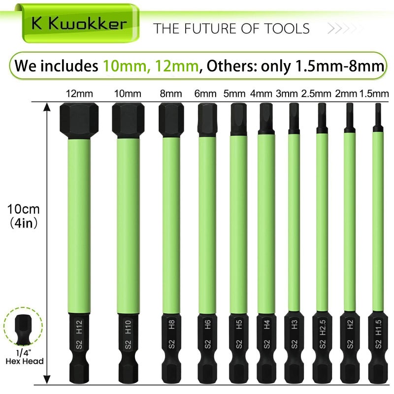 TLEEP 20 x 1/4" 100MM Long Allen Wrench Drill Bits, SAE & Metric, Hex Head Allen Bit Set S2 Steel Magnetic Tips Hex Screwdriver Set for Ikea Type Furniture, 5/64" to 5/16" & 1.5mm to 12mm Hex Bit Set - Image 3