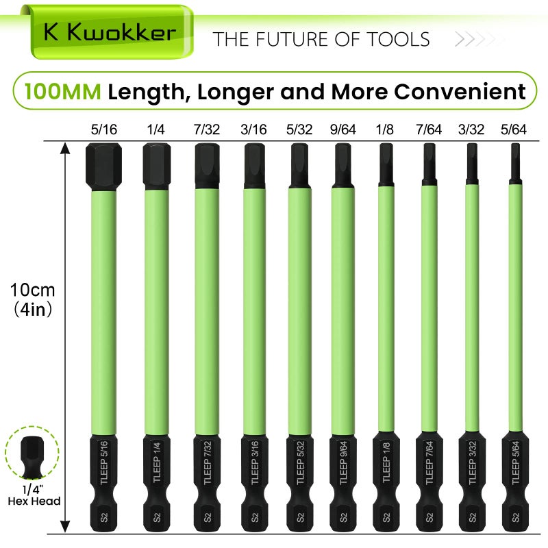 TLEEP 20 x 1/4" 100MM Long Allen Wrench Drill Bits, SAE & Metric, Hex Head Allen Bit Set S2 Steel Magnetic Tips Hex Screwdriver Set for Ikea Type Furniture, 5/64" to 5/16" & 1.5mm to 12mm Hex Bit Set - Image 2