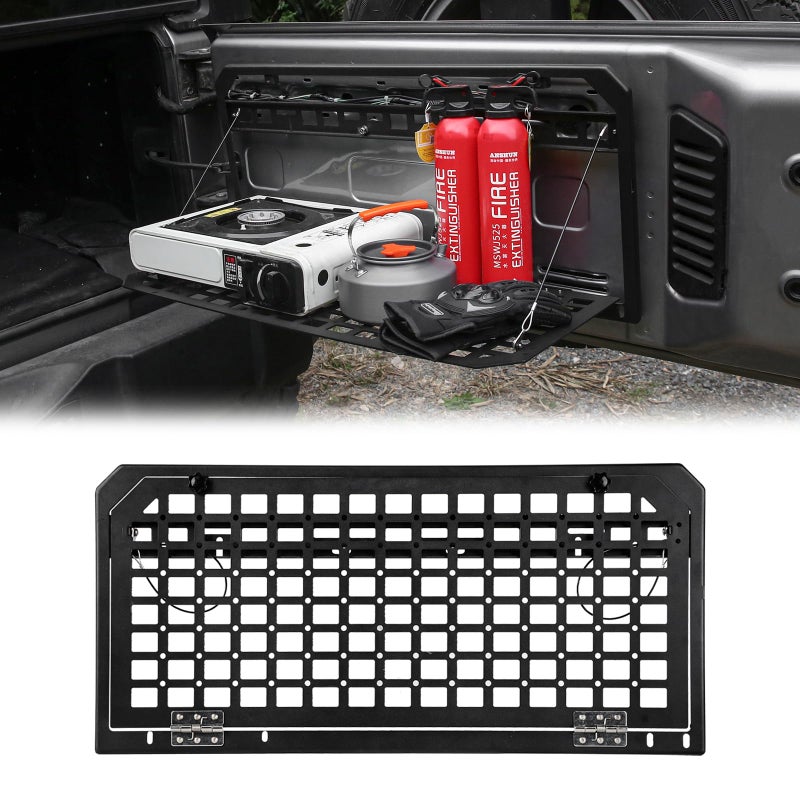 Tailgate Table Rear Foldable Storage Cargo Rack Storage Shelf Molle Panel for 20072024 Jeep Wrangler JKU JL JLU 4 DoorNot fit with Low Speaker JK Models