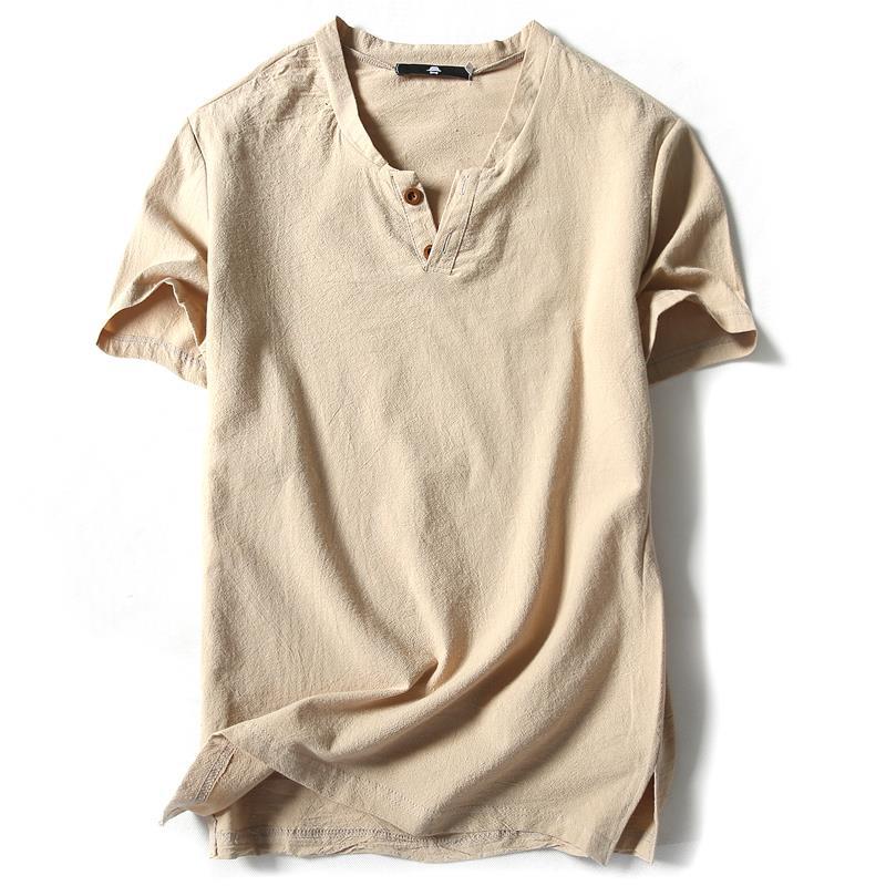 Short-Sleeved T-Shirt Men'S Linen Vintage Top Thin Half-Sleeved Solid Color V-Neck Loose Plus Size Cotton Linen T-Shirt - Image 1