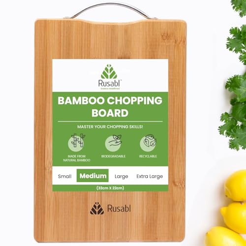 Rusabl Bamboo Wooden Chopping Board with Metal Handle, Multipurpose Cutting Board for Vegetables, Fruits & Cheese, for Kitchen Use, BPA Free, Eco-Friendly, Anti-Microbial (M, 32 x 22 cms) - Image 1