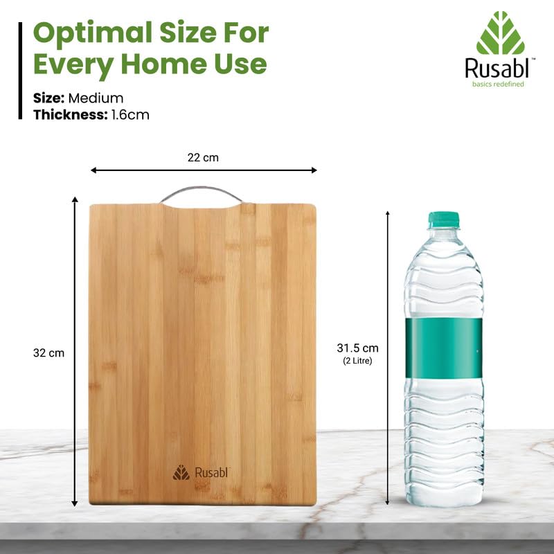 Rusabl Bamboo Wooden Chopping Board with Metal Handle, Multipurpose Cutting Board for Vegetables, Fruits & Cheese, for Kitchen Use, BPA Free, Eco-Friendly, Anti-Microbial (M, 32 x 22 cms) - Image 3