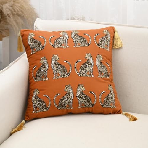 XSlive Fall Square Decorative Throw Pillow Cover with Tassels Leopard Pattern Cushion Cover Luxury Style Soft Velvet Pillowcase for Sofa Couch Bedroom 18x18Orange - Image 3