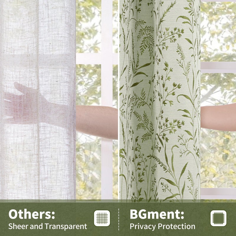 BGment Green Leaf Linen Curtains for Living Room 84 Inch Length, Botanical Branch Floral Patterned Cottage Core Farmhouse Vintage Linen Curtains Light Filtering Window Drapes, 52 x 84 Inch, Sage Green - Image 5