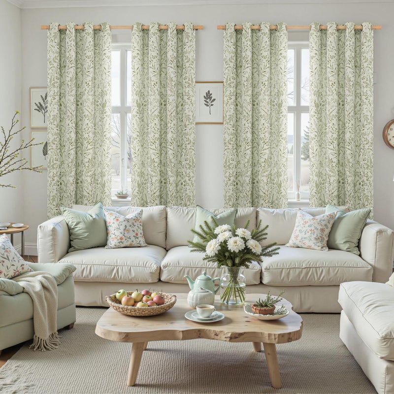 BGment Green Leaf Linen Curtains for Living Room 84 Inch Length, Botanical Branch Floral Patterned Cottage Core Farmhouse Vintage Linen Curtains Light Filtering Window Drapes, 52 x 84 Inch, Sage Green - Image 2