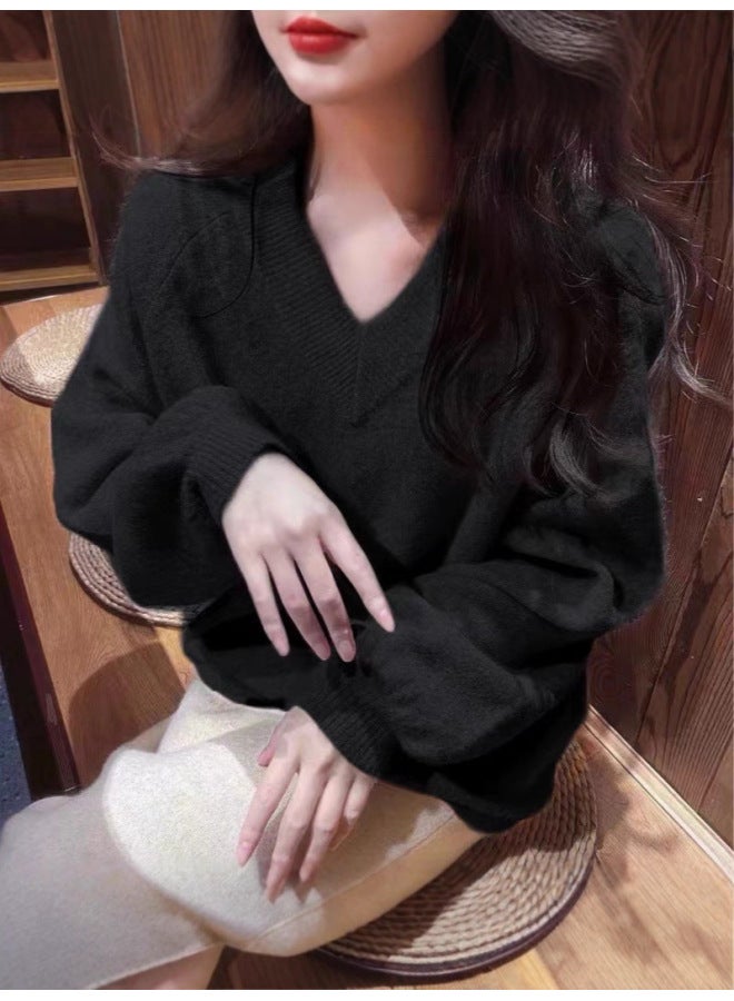 Leyuan Autumn Winter New Solid Color Long Sleeve V-neck High-end Loose Knit Cardigan Lazy Style Top Sweater Women - Image 3