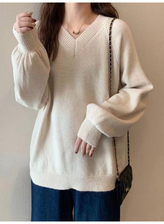 Leyuan Autumn Winter New Solid Color Long Sleeve V-neck High-end Loose Knit Cardigan Lazy Style Top Sweater Women - Image 5