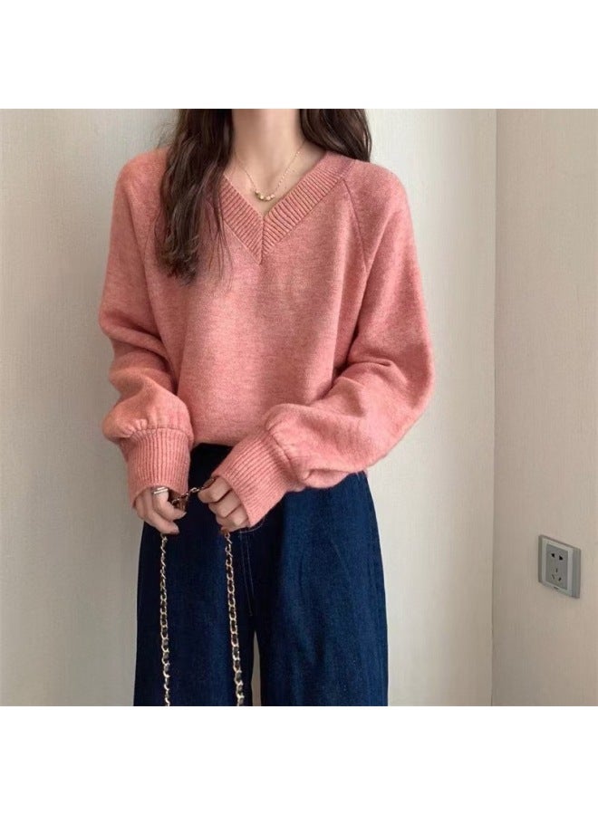 Leyuan Autumn Winter New Solid Color Long Sleeve V-neck High-end Loose Knit Cardigan Lazy Style Top Sweater Women - Image 1