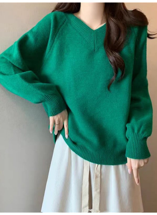 Leyuan Autumn Winter New Solid Color Long Sleeve V-neck High-end Loose Knit Cardigan Lazy Style Top Sweater Women - Image 2