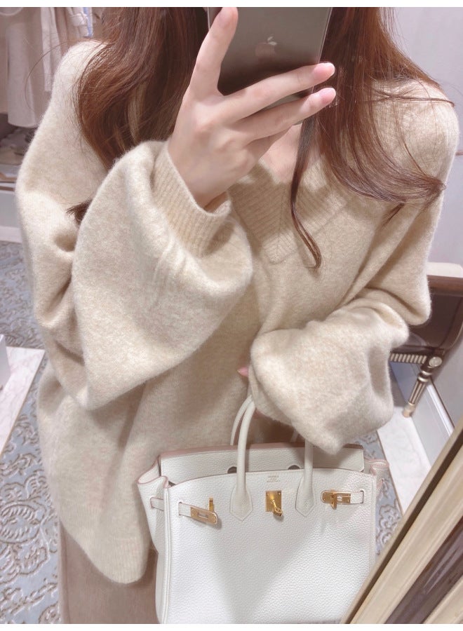 Leyuan Autumn Winter New Solid Color Long Sleeve V-neck High-end Loose Knit Cardigan Lazy Style Top Sweater Women - Image 4